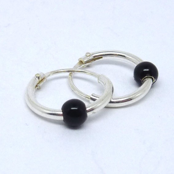 CR067 Silber Creolen mit Kugel schwarz 10mm