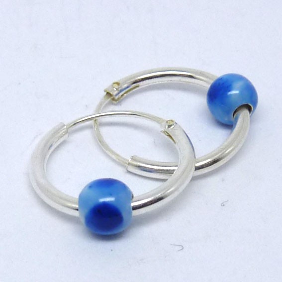 CR089 Silber Creolen mit Kugel Mamor blau 14mm