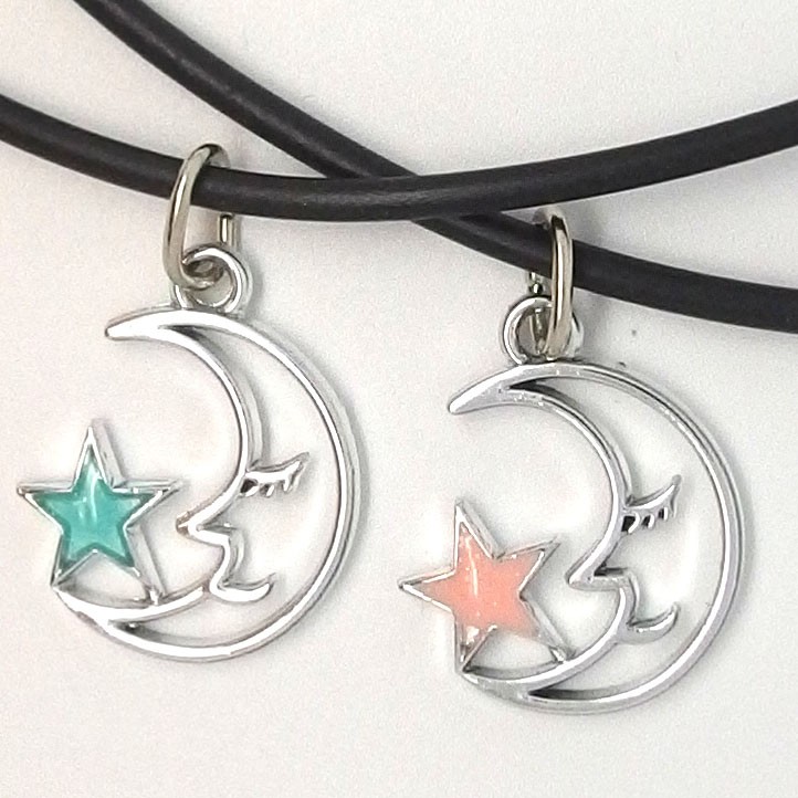 KC027 - Modeschmuck Ketten Mond mit Sternchen in rose u. blau 