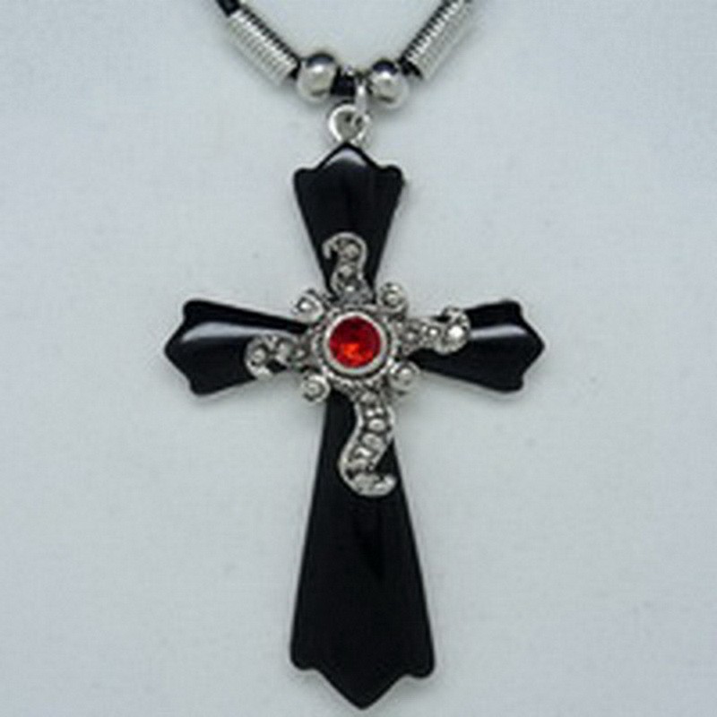 MK118 Ketten Kreuz schwarz mit Stein rot