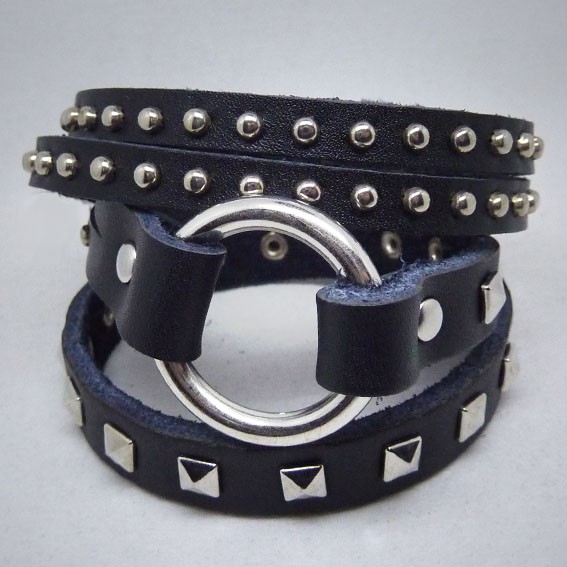 LA149 Lederarmbänder zum Wickeln mit Ring und 2Sorten kl. Nieten