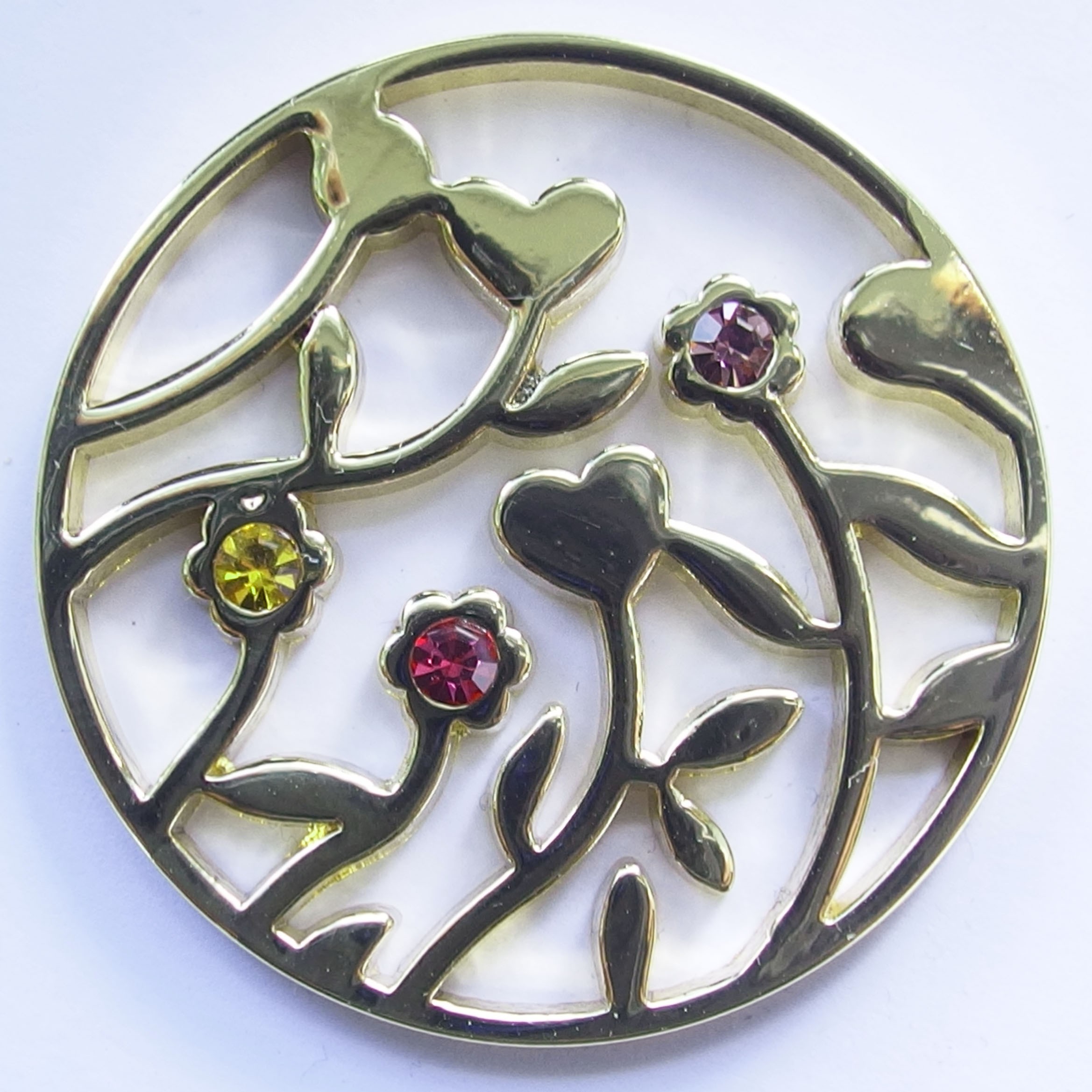 MS019 - Sammelmedallions Blumen m. bunten Glitzersteinen 33mm