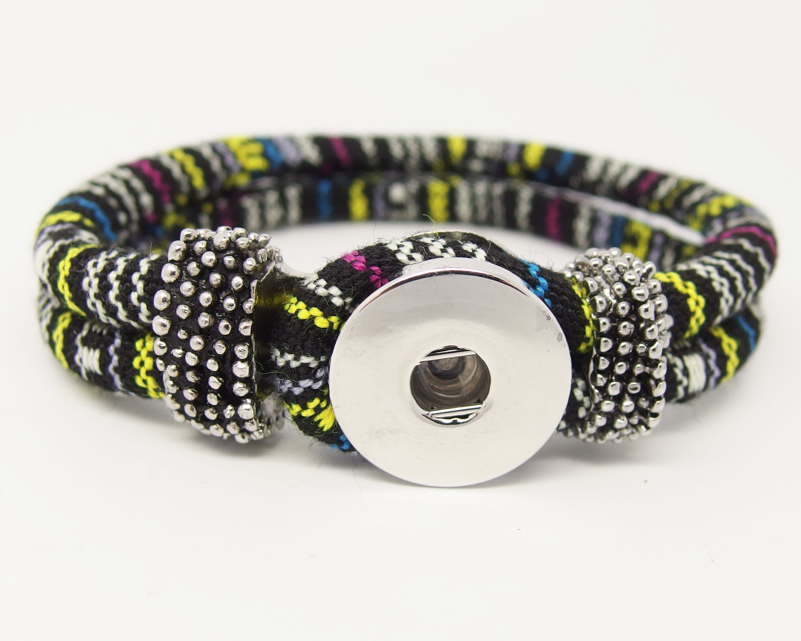  CHA012d - Armbänder für Schmuckdruckknöpfe ethno rund Schwarz / bunt 