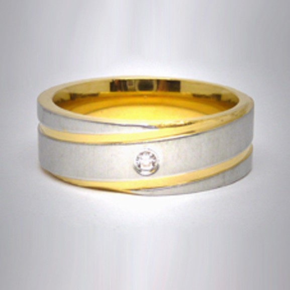 STR082 Edelstahlringe silber/gold gestreift mit Stein